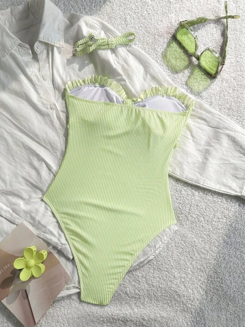 Green Casual Women's Printed Lace Ruffled Halter Swimsuit with Removable Strap